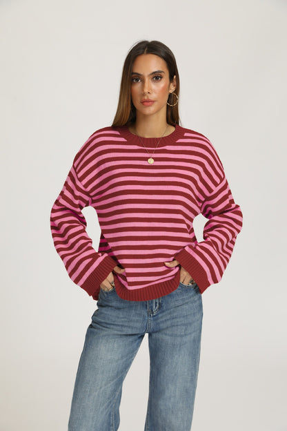 Striped Knit Sweater Crew Neck Pullover Oversized Top