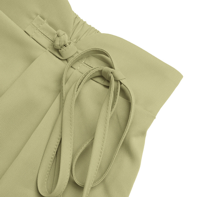 Solid Twill Bermuda Shorts High Waist Pleated Wide Leg