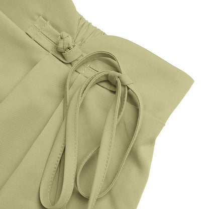 Solid Twill Bermuda Shorts High Waist Pleated Wide Leg
