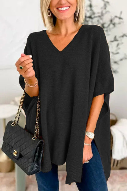 Women's Oversized V-Neck Batwing Sleeve Knit Poncho Sweater