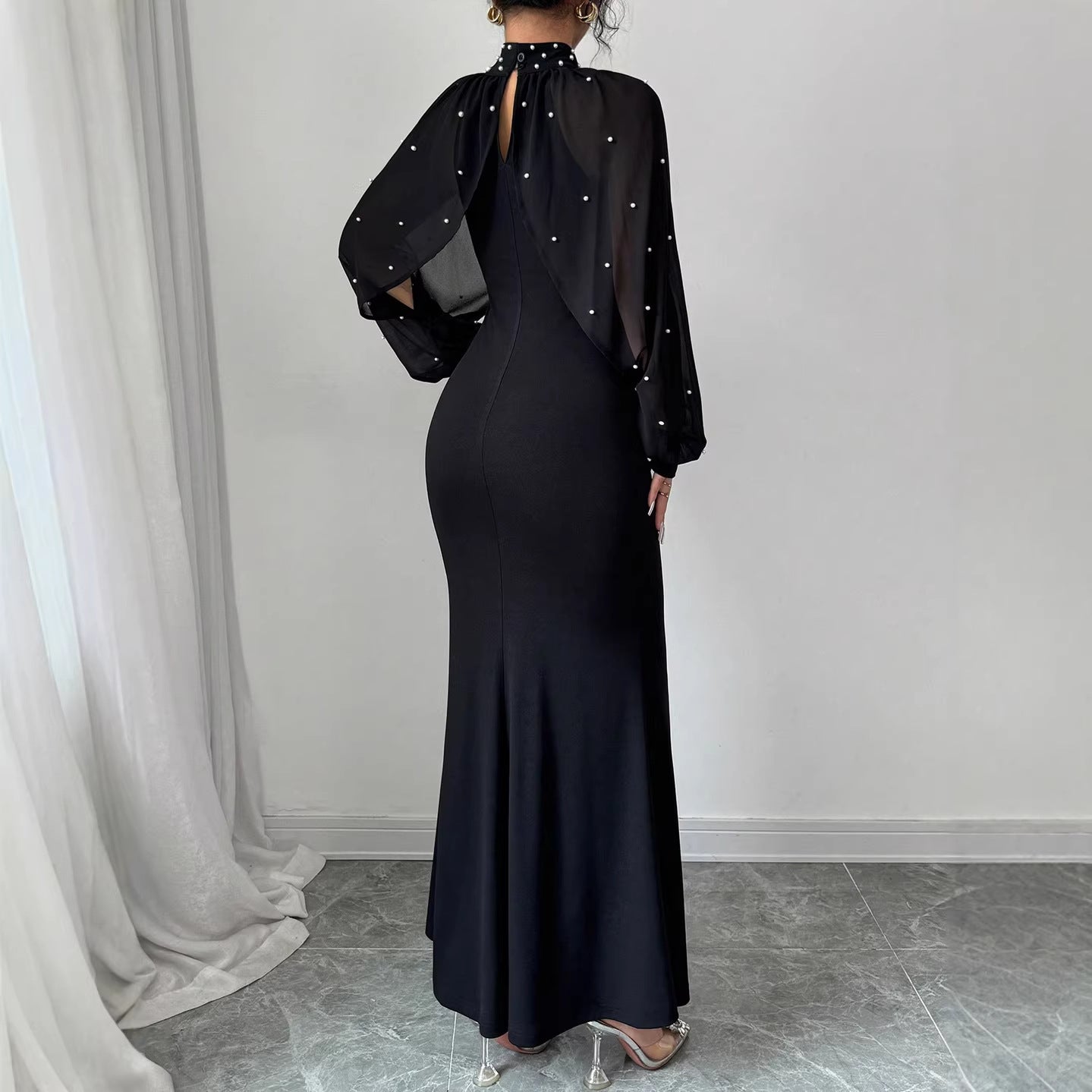 High Neck Rhinestone Mesh Sleeve Mermaid Maxi Dress