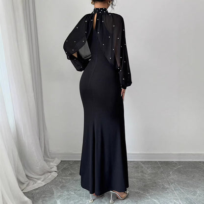 High Neck Rhinestone Mesh Sleeve Mermaid Maxi Dress