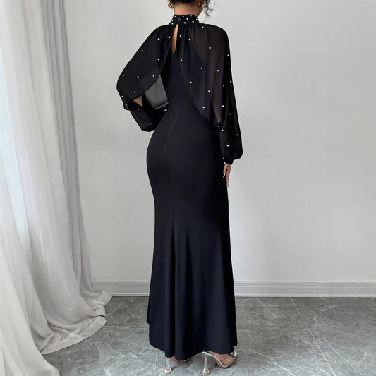 High Neck Rhinestone Mesh Sleeve Mermaid Maxi Dress