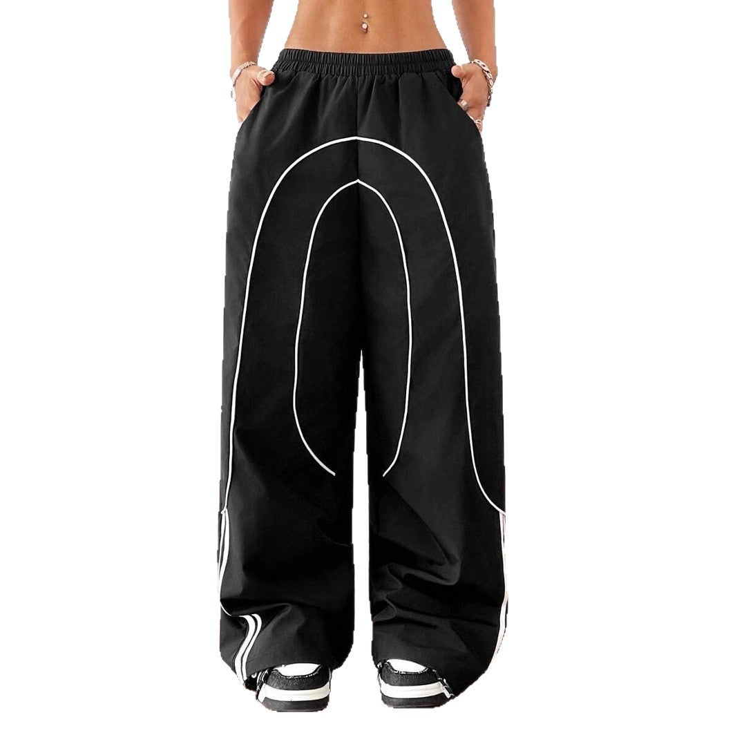 Women Baggy Wide Leg Pants Contrast Trim Low Rise Y2K