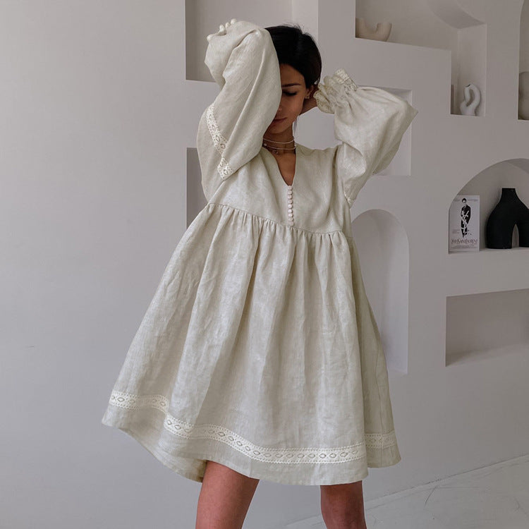 Cotton Linen V Neck Puff Sleeve A-Line Dress