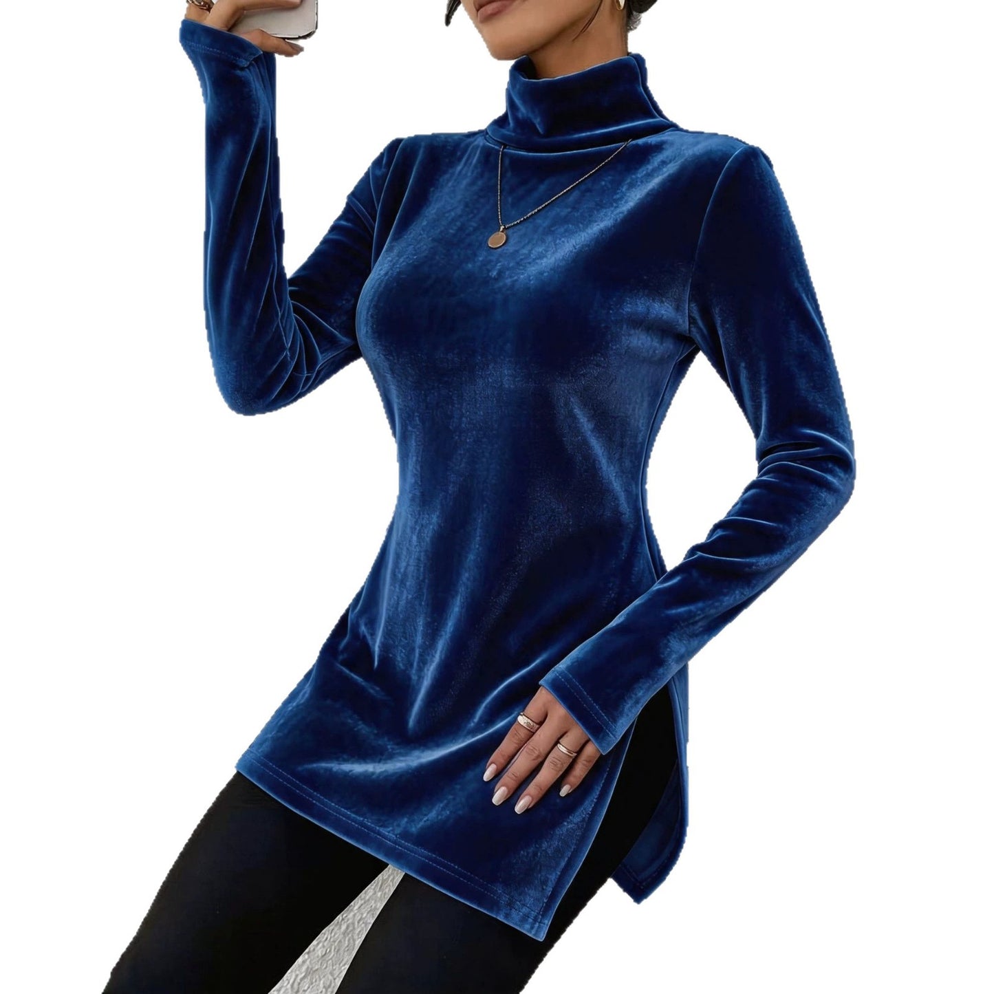 Women's Velvet Turtleneck Long Sleeve Side Slit Top