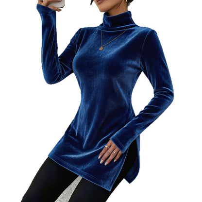 Women's Velvet Turtleneck Long Sleeve Side Slit Top