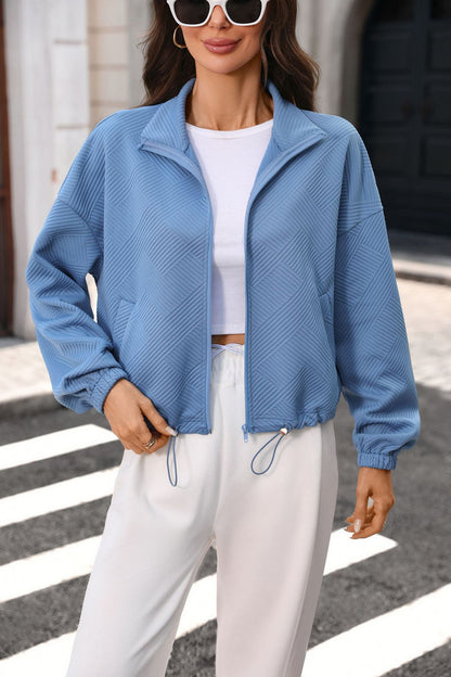 Quilted Zip Sweatshirt Drawstring Cropped Jacket