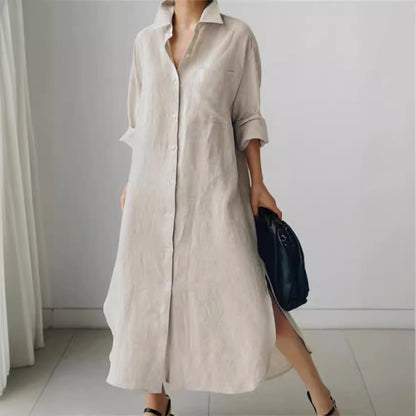 Women's Linen Shirt Dress Long Sleeve Button Down Maxi