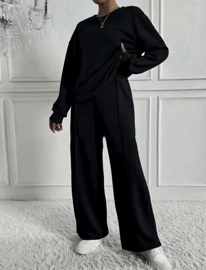 Women's Solid Crewneck Sweatshirt Wide Leg Pants Lounge Set