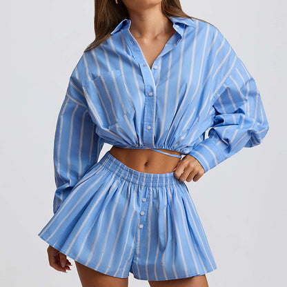 Women's Striped Crop Shirt & Shorts Matching Set