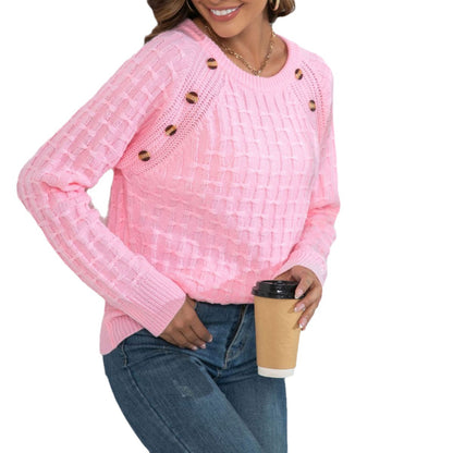 Women's Crewneck Button Detail Textured Knit Sweater