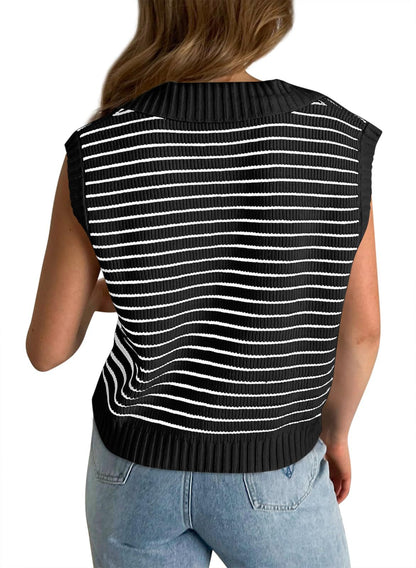 V-Neck Striped Knit Sweater, Casual Lapel Top