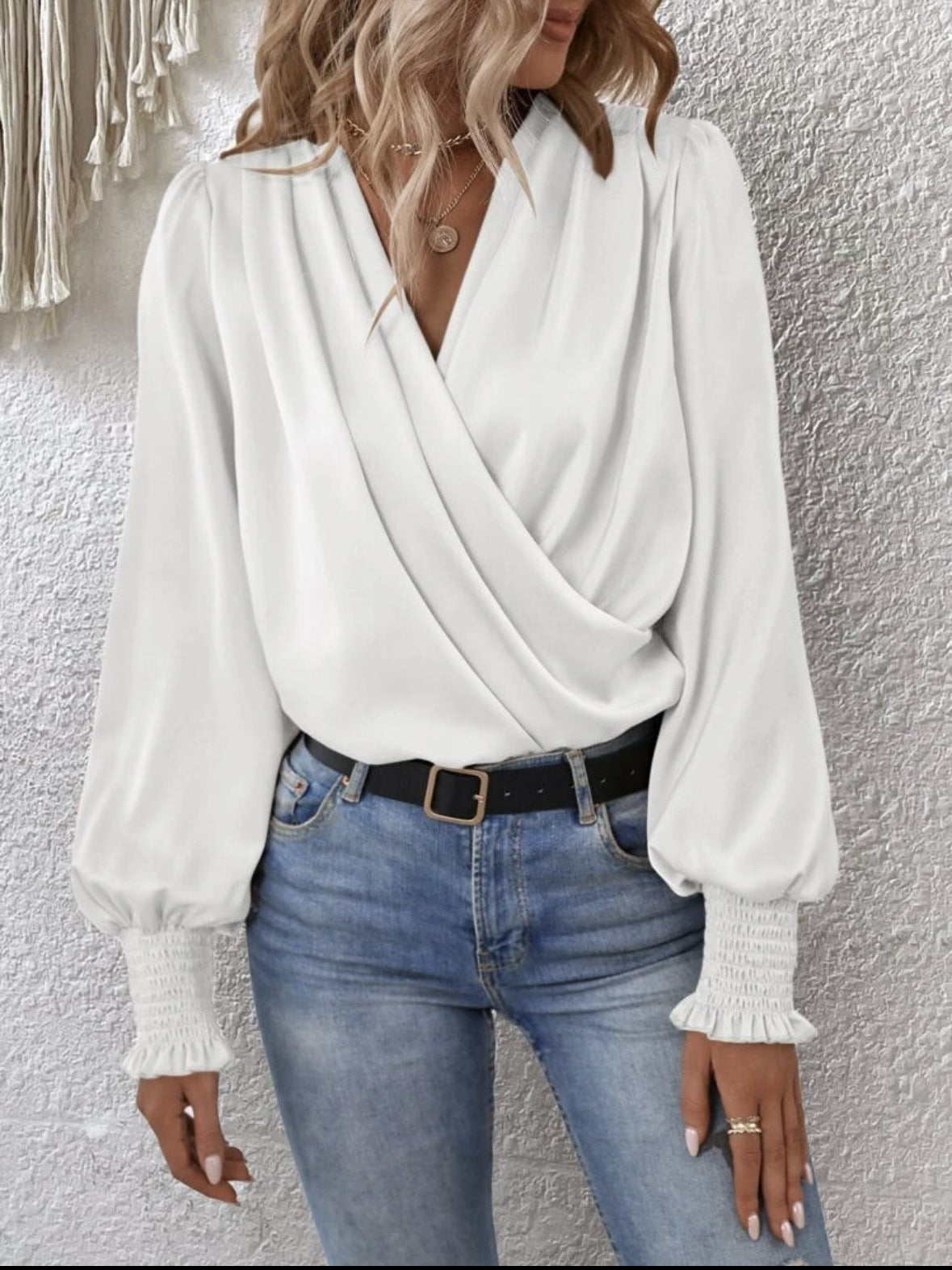 Women's Draped V-Neck Balloon Sleeve Smocked Cuff Blouse