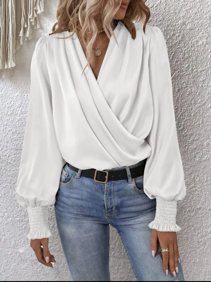 Women's Draped V-Neck Balloon Sleeve Smocked Cuff Blouse