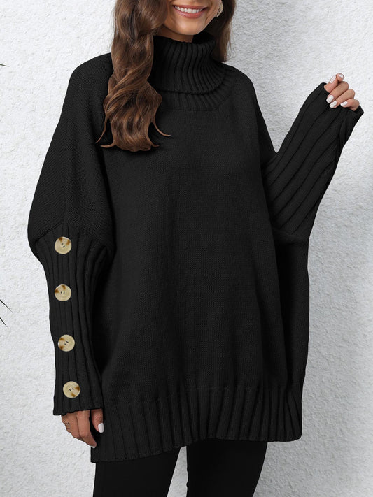 Button Turtleneck Lapel Loose Woven Shirt Top Women's Pullover Sweater