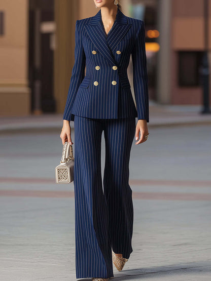 Women's Pinstripe Blazer Wide Leg Pant Suit Set