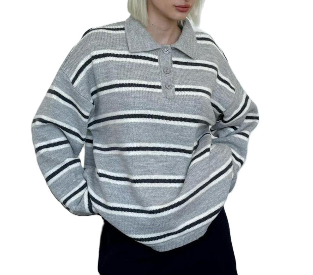 Womens Oversized Striped Polo Sweater Knit Pullover Top