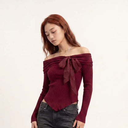 Coquette Off Shoulder Ribbed Bow Knit Top