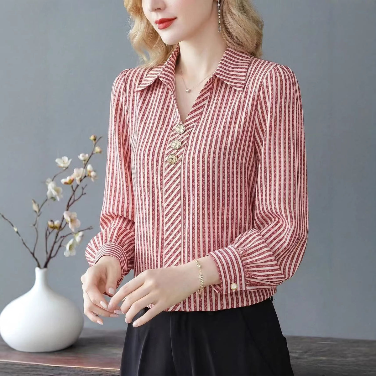 Women's Striped V Neck Collared Long Sleeve Blouse