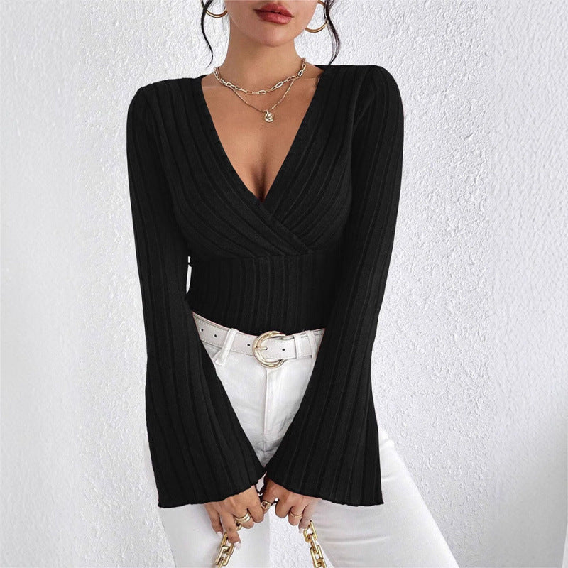 Women's Ribbed V Neck Flare Sleeve Fitted Top