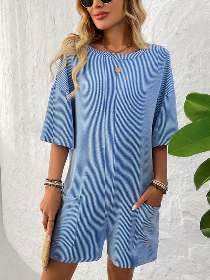 Loose Pocket Back V-Neck Short-Sleeve Jumpsuit