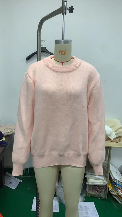 Women's Pink Oversized Crewneck Pullover Sweater
