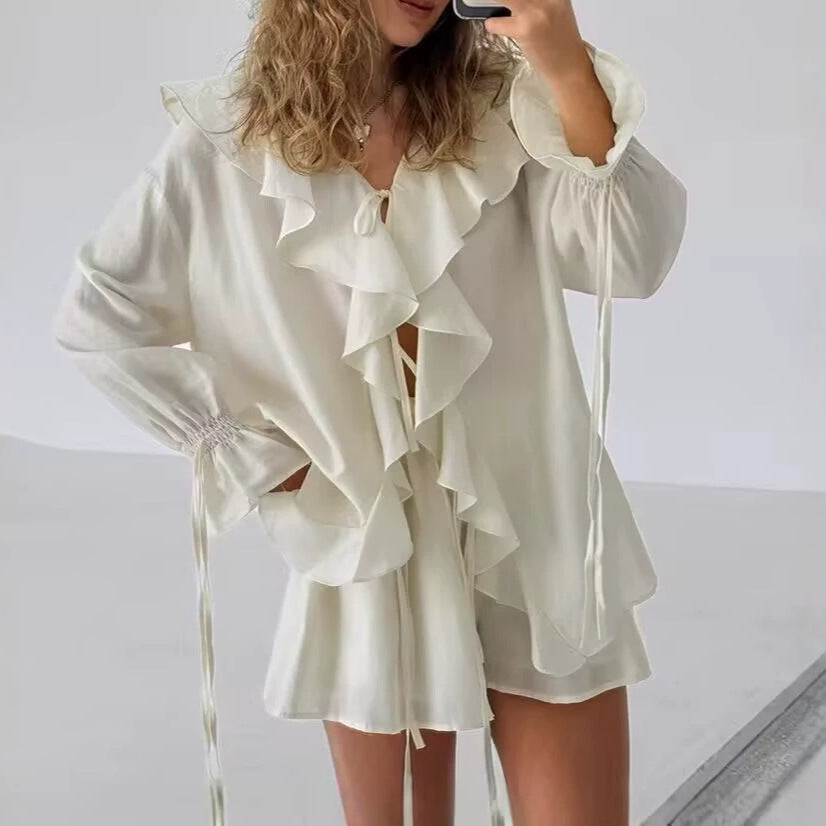 Women's Ruffle Lyocell Shirt Shorts Two Piece Set