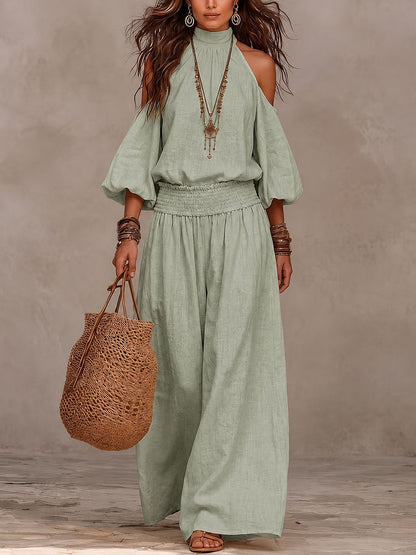Women's Cold Shoulder Smocked Wide Leg Pants Two Piece Set
