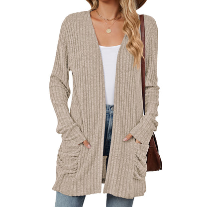 Simple Pocketed Long Sleeve Cardigan Knit Top