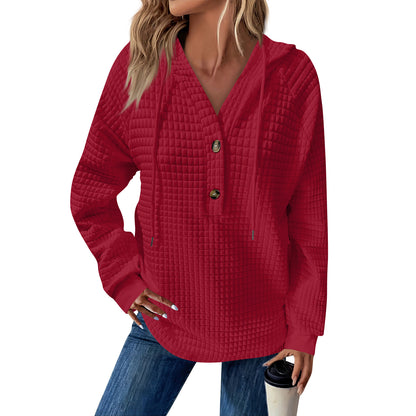 Women's Quilted V-Neck Button Hoodie Oversized Pullover