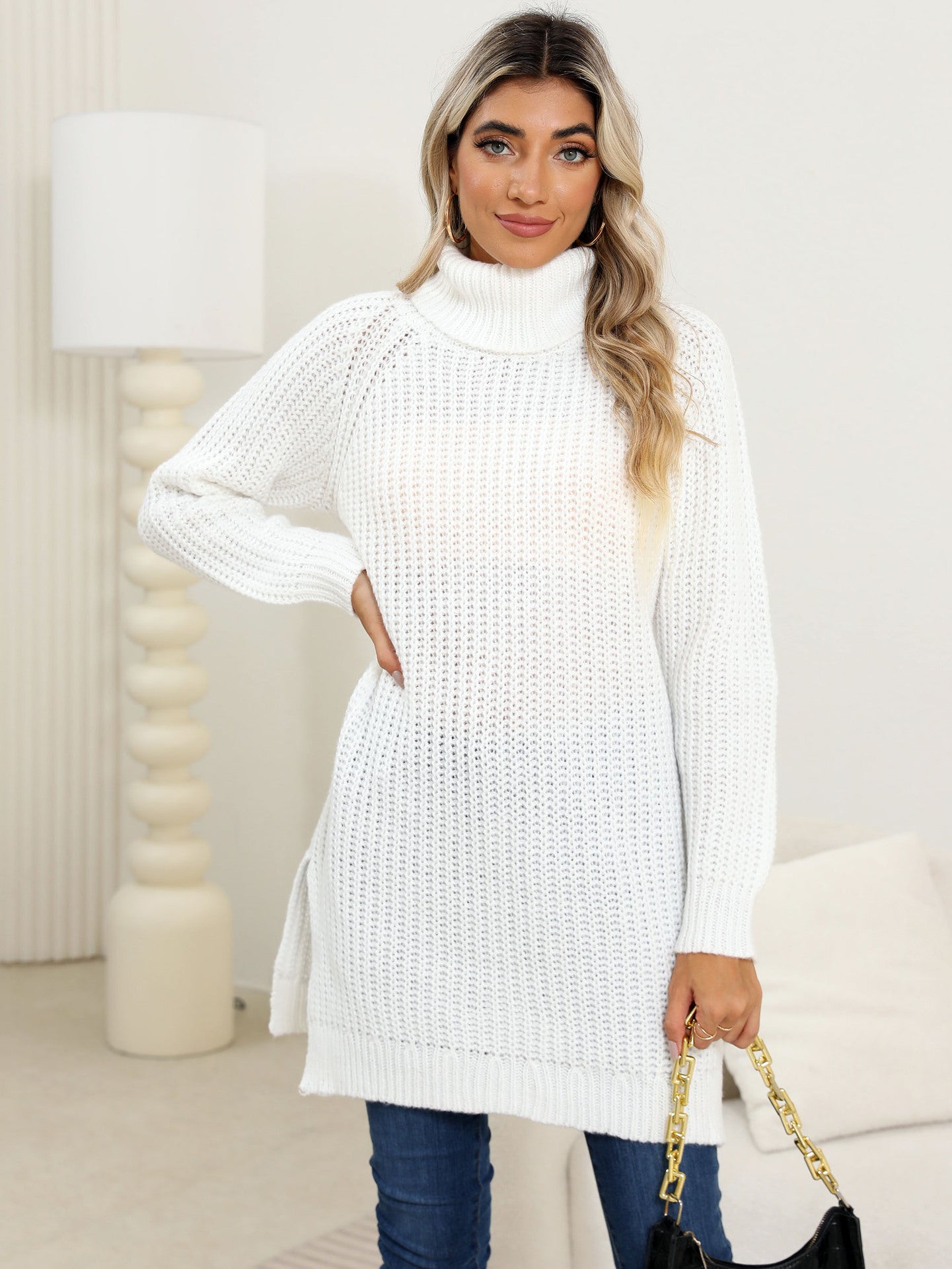 Women's Autumn and Winter Sweater Solid Color Turtleneck Split-ended Dress Bottoming Shirt