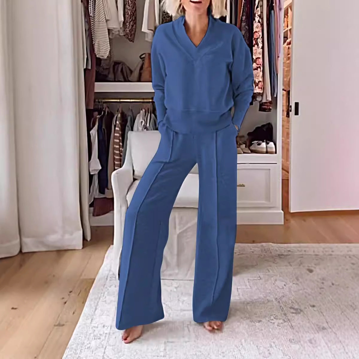 Women Lounge Set V Neck Wide Leg Pants Two Piece