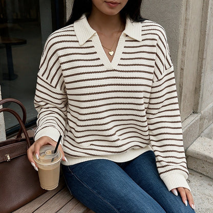 Oversized Striped Waffle Knit Collared Sweater