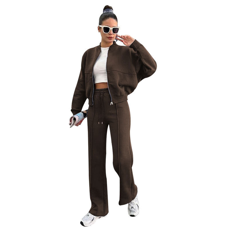 Women's Fleece Lined Zip Up Jacket Wide Leg Pants Set