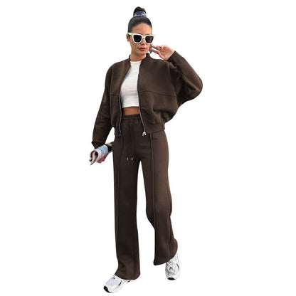 Women's Fleece Lined Zip Up Jacket Wide Leg Pants Set