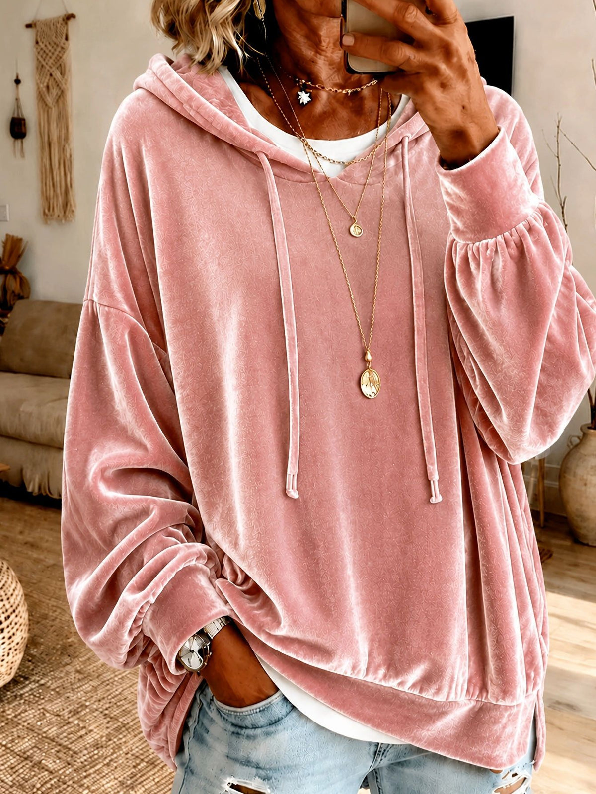Women's Oversized Velvet Hoodie Long Sleeve Pullover Top