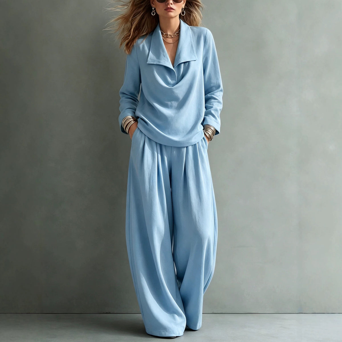 Women's Collared Sweatshirt Wide Leg Pants Lounge Set