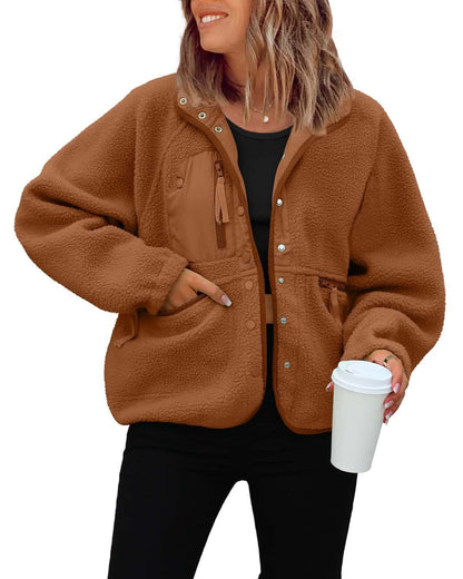 Women's Oversized Sherpa Fleece Jacket Button Front Casual