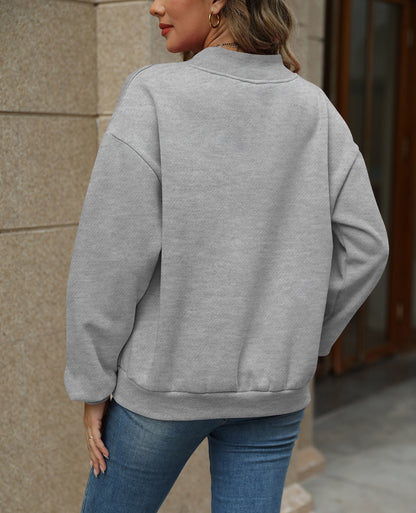 Colorblock V Neck Fleece Sweatshirt Women Casual Pullover Top
