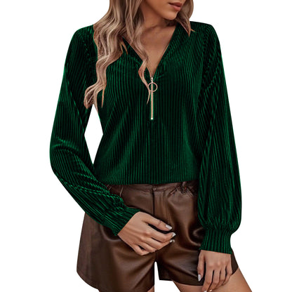 Women's Ribbed Velvet Half Zip V Neck Long Sleeve Top
