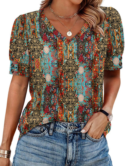 Solid Color V Neck Button Sleeve Puff Top Casual Tee