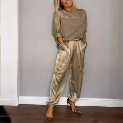 Women's Satin Two-Piece Jogger Set Short Sleeve Pockets