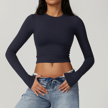 Women's Fitted Long Sleeve Crop Top Athletic Workout Shirt