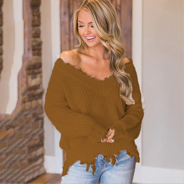 Oversized Deep V Neck Distressed Sweater Frayed Hem