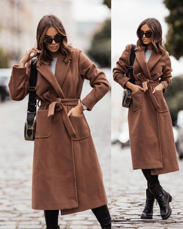Women's Belted Long Wool Coat Lapel Pockets