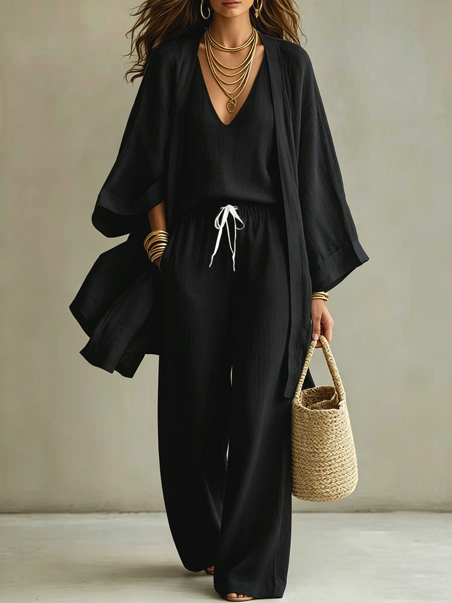 Women's 3 Piece Matching Set Wide Leg Pants Cardigan