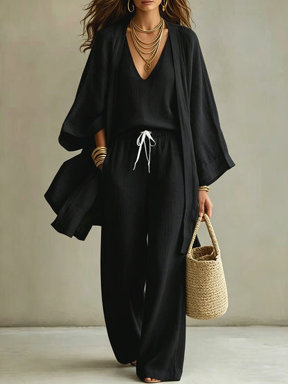 Women's 3 Piece Matching Set Wide Leg Pants Cardigan