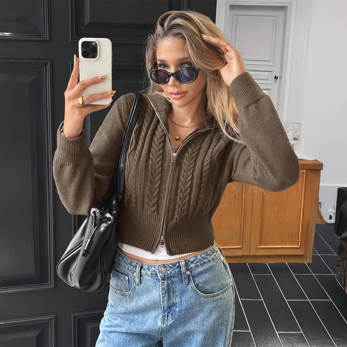 Women’s Y2K Zip Up Knit Sweater Jacket Long Sleeve Top