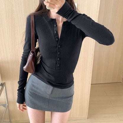 Women's Ribbed Long Sleeve Fitted Button Henley Top